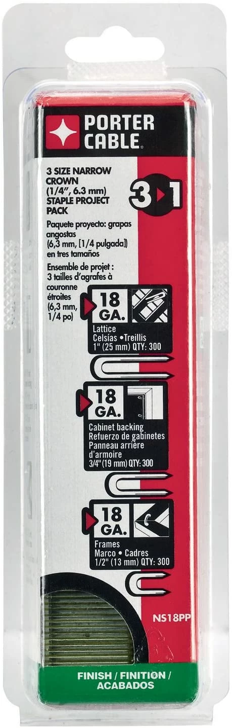 Porter-Cable NS18Pp 18 Gauge Narrow Crown Staple Project Pack, 900 Count, Various Sizes 1 Porter-Cable NS18Pp 18 Gauge Narrow Crown Staple Project Pack, 900 Count, Various Sizes
